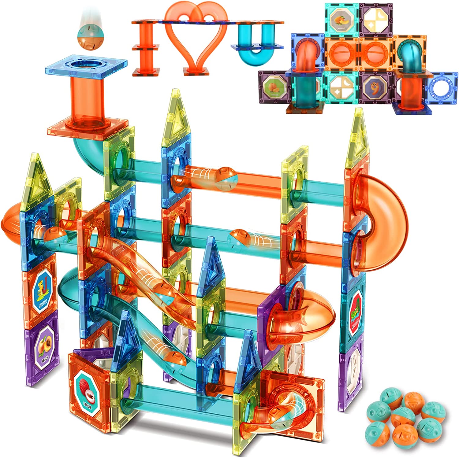 Glowing Magnetic Tiles Building Blocks Marble Run Race Track Super Set -  110 Complete Pieces Glow in the Dark STEM Light Magnetic Building Blocks  and Gravity Maze Games for Toddlers Kids Magnetic